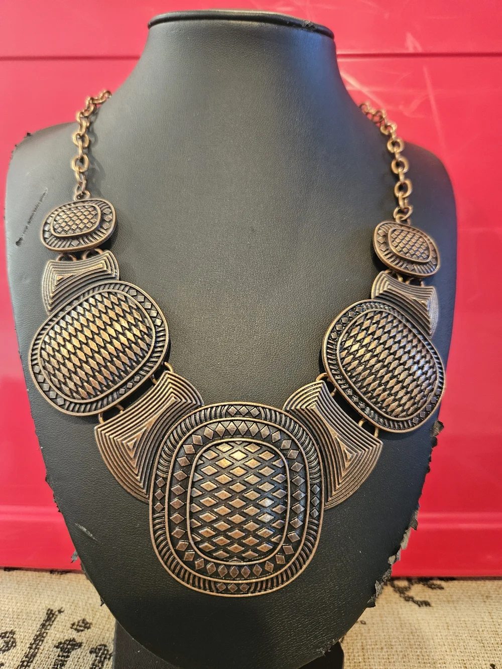 Antique Bronze Statement Necklace - Bold Geometric Pendant